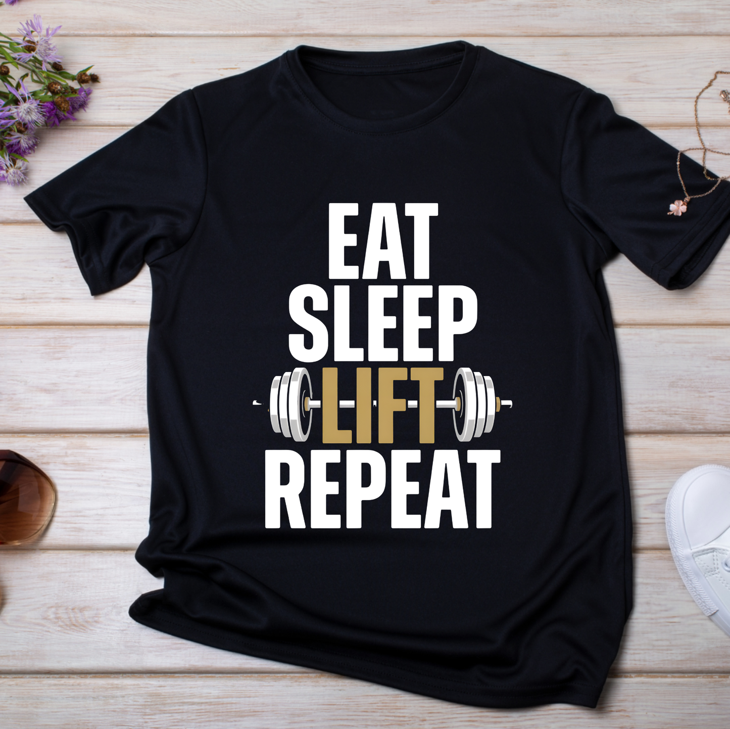 Eat Sleep Lift Repeat Gym T-Shirt – Motivational Fitness Tee for Men & Women